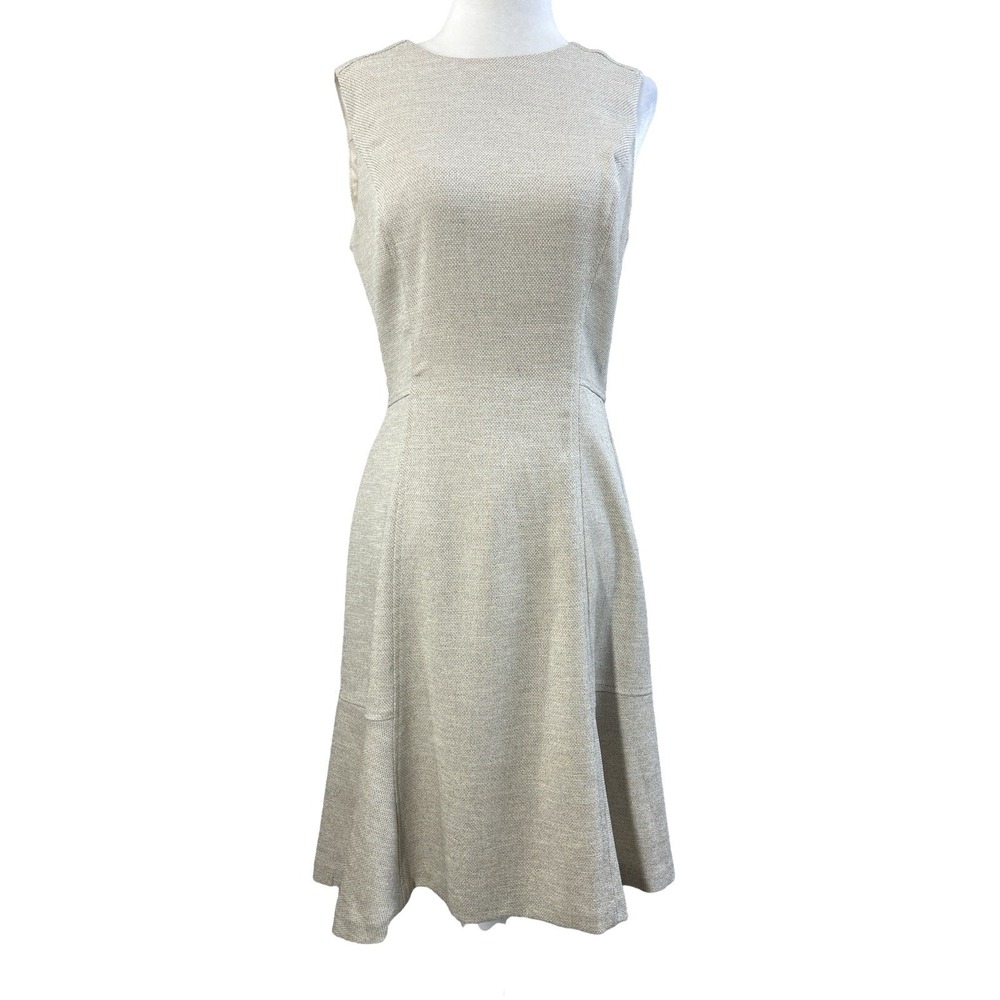 White House Black Market Dress Womens 6 Beige Tweed Fit Flare Sleeveless Work